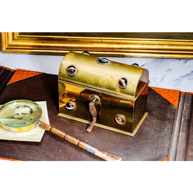 Traditional Stunning Victorian Aesthetic Movement Antique Brass Agate Stone Domed Desk Stationary Box Casket For Sale - Image 3 of 17