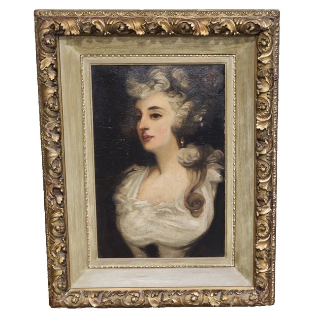 Store Item: 18th/19th Century Portrait Oil on Canvas Painting of a Woman in Gilt Gold Frame Description: 18th-19th Century...