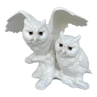 Vintage Ceramic White Owls on Branch For Sale