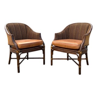 Set of Two McGuire Rattan Caned Toboggan Dining Chairs For Sale