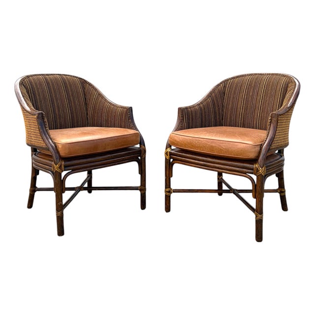 Set of Two McGuire Rattan Caned Toboggan Dining Chairs For Sale