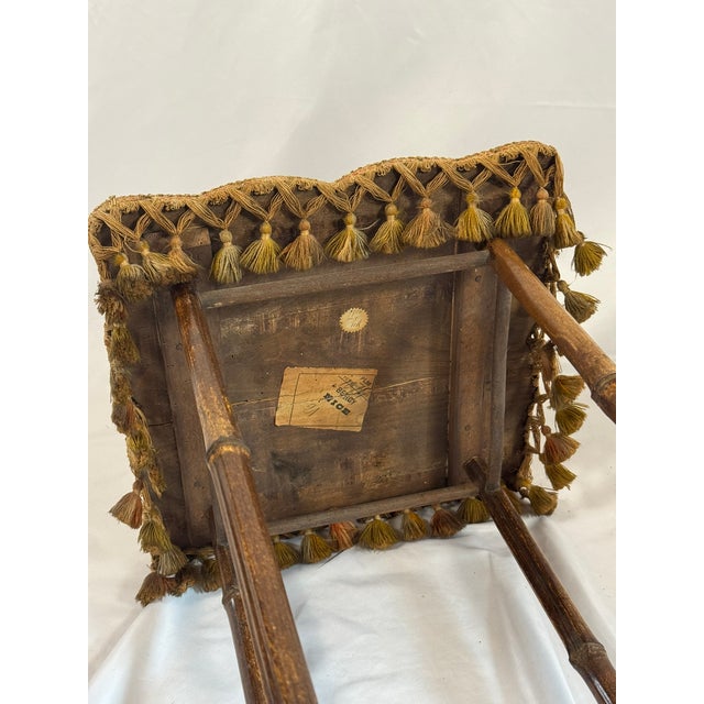 Antique French Napoleon III Bamboo Tabouret, Tasseled Top, PLM Rail Label For Sale - Image 4 of 15