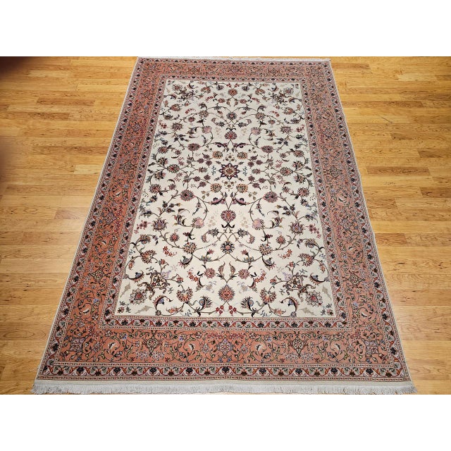 Vintage Persian Tabriz Rug, Hand-Knotted Wool & Silk, Allover Floral Pattern, Ivory & Pale Red, 7x10 For Sale - Image 13 of 18