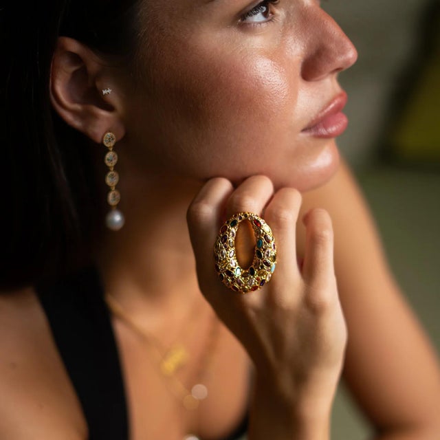 Gold Cosmic Aura Multi Gemstone Gold Adjustable Ring, Size 4 For Sale - Image 8 of 12