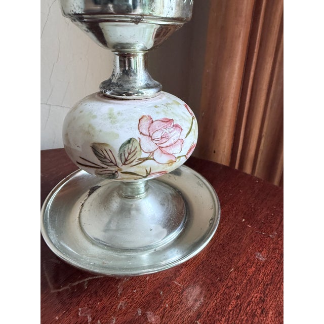 Vintage Mid Century Hurricane Oil Lamp Floral Ceramic Silver Base Glass Chimney For Sale - Image 4 of 9