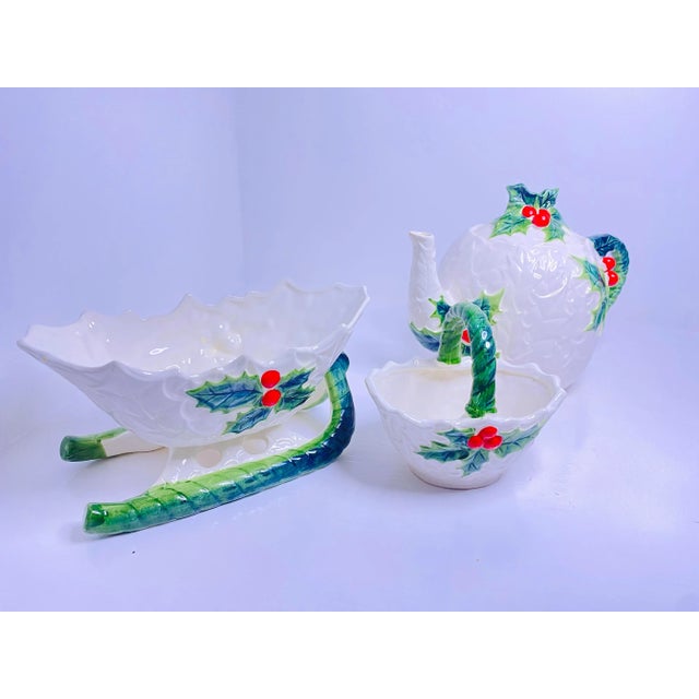 Vintage Lefton Holly Berry Christmas Teapot, Sleigh-Shaped Candy Bowl and Small Basket Bowl With a Handle, Set of 3 For Sale In Atlanta - Image 6 of 10