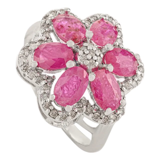 Handcrafted 925 Siver Oval Cut Ruby & Halo Diamond Flower Cocktail Ring - Size 7 For Sale