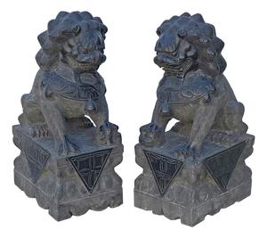 20" Chinese Pair Black Gray Stone Fengshui Foo Dog Lion Statues
