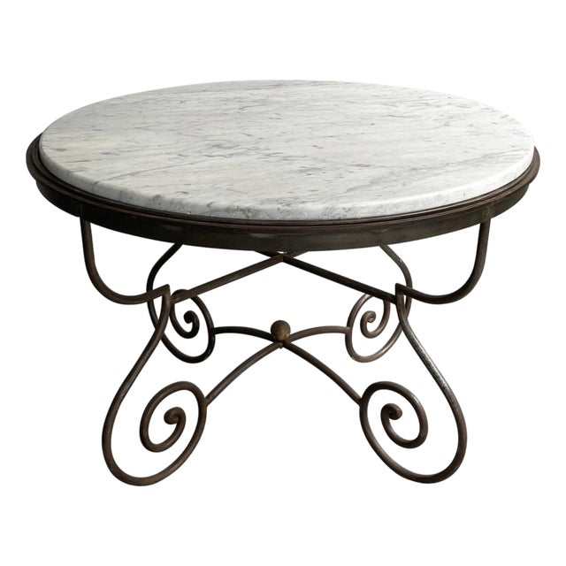 Hollywood Regency Scrolled Steel and Marble Round Dining Table For Sale