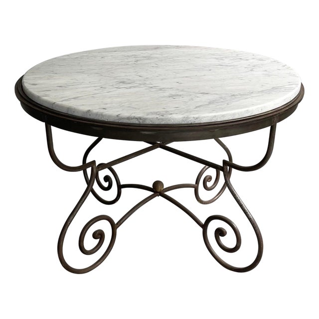 Mid 20th Century Hollywood Regency Scrolled Steel & Marble Dining Table For Sale
