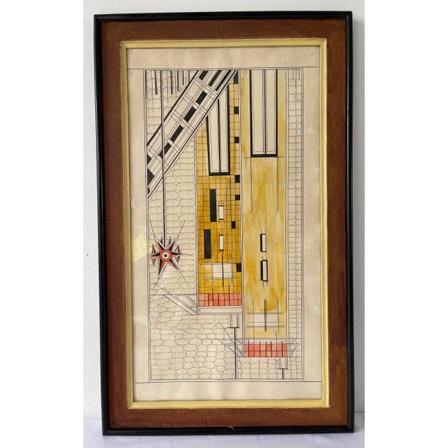Mid-Century Modern 1950s Geometric Mixed-Media Drawing, Framed For Sale - Image 3 of 8