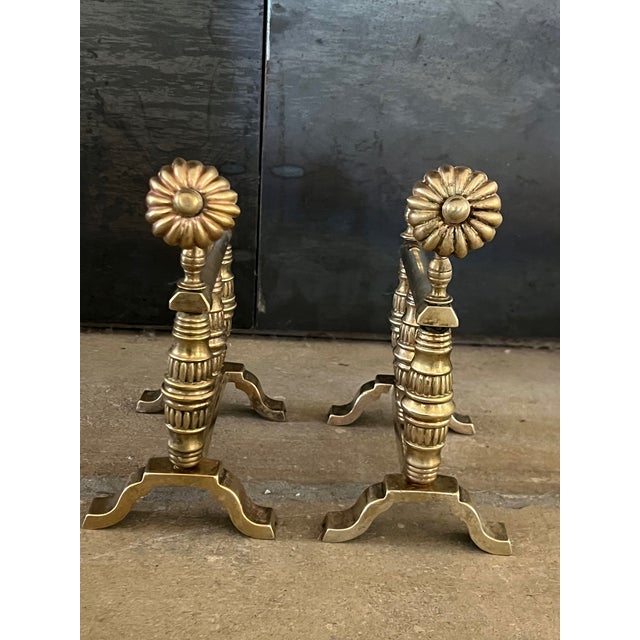 19th Century Brass Aesthetic Flower Form Fireplace Andirons / Tool Rests-a Pair For Sale - Image 9 of 10