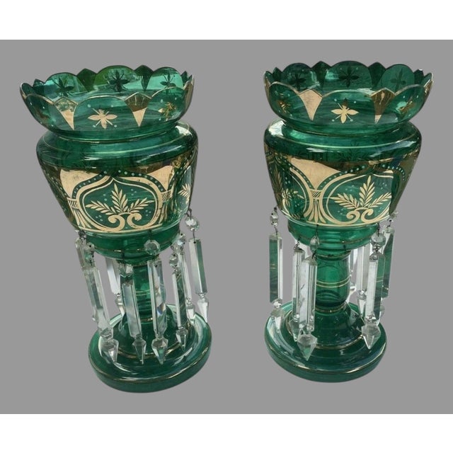 Pair Antique Victorian 14" Emerald Green & Gilt Art Glass Mantle Lusters Prisms In very good original condition showing...