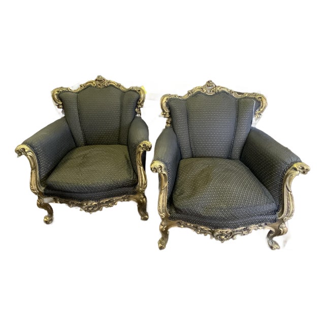 Circa 1900’s Pair of Carved and Gilt Rococo Bergere Chairs For Sale