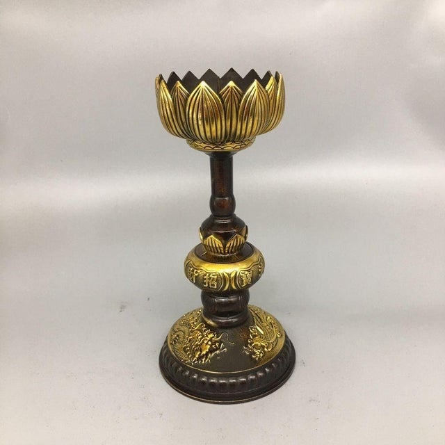 Bronze Late 20th Century Pair of Gilt Bronze Lotus Candlesticks, Dragon Phoenix Relief Candle Holders, Chinoiserie Altar Decor For Sale - Image 8 of 9
