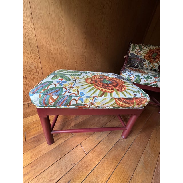 Wood Country Armchair & Ottoman Reupholstered in Josef Frank “Aralia” Linen for Svenskt Tenn For Sale - Image 7 of 7