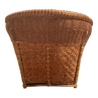 15 Inch Wide Vintage Handwoven Round Reed Market Basket With Strap Loops Mid-20th Century Organic Modern Storage For Sale