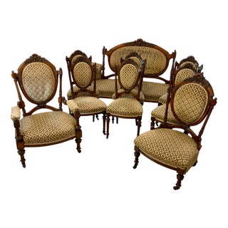 Antique Victorian Carved Walnut 9 Piece Suite, 1850, Set of 9 For Sale