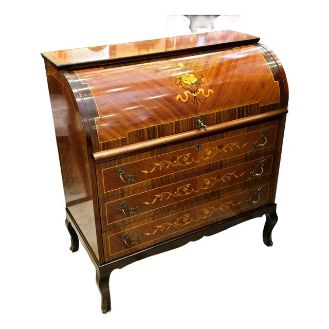 French-Style Roll-Top Secretary Desk – Marquetry Wood, Multiple Compartments & Decorative Inlay For Sale
