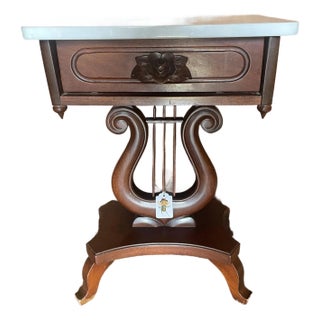 1950s Marble Top Mahogany Lyre Shaped Side Table With Drawer For Sale