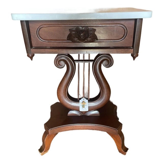 1950s Marble Top Mahogany Lyre Shaped Side Table With Drawer For Sale