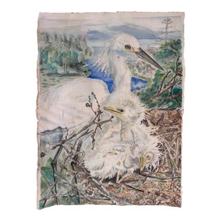 Vintage Coastal Figurative Heron Original Watercolor Painting on Canvas Paper, Blue, Pistachio Green, Off-White For Sale