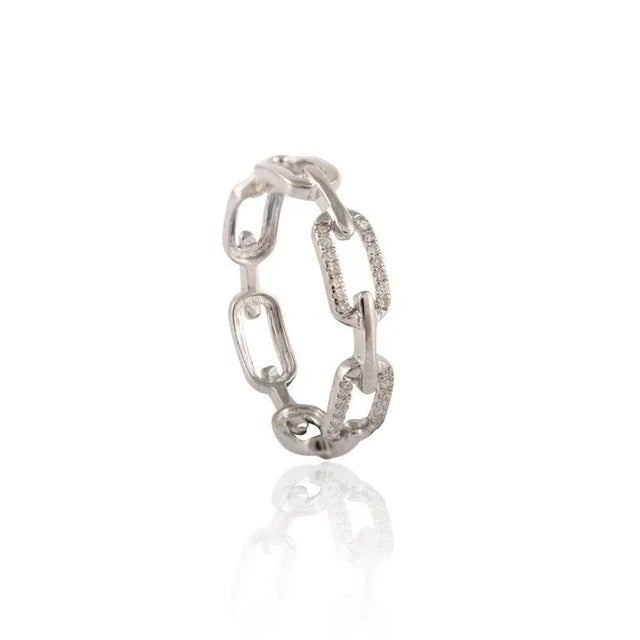 White Trendy Diamond Studded Paperclip Chain Ring in 18k Solid White Gold Size 7 For Sale - Image 8 of 9