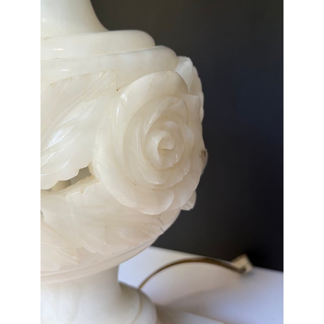 Antique Italian Carved Alabaster Table Lamp With Rose Relief Decoration & Pleated Silk Shade For Sale - Image 9 of 12