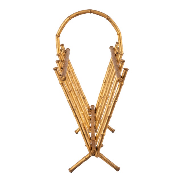 Mid 20th Century Faux Bamboo Gold Iron Magazine Rack For Sale