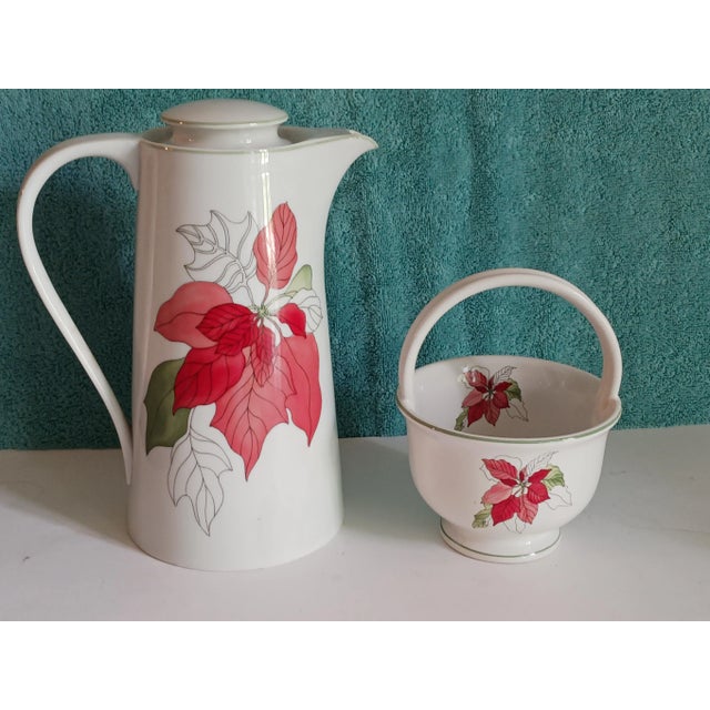 Late 20th Century Vintage Christmas Holiday Ceramic "Poinsettia" Coffeepot and Candy Basket by Block, Portugal 1982 For Sale - Image 5 of 7