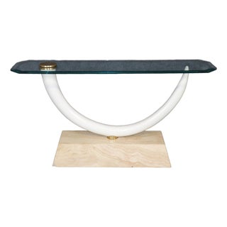 Maison Jansen Attributed Travertine Brass & Glass Tusk Style Console Table For Sale