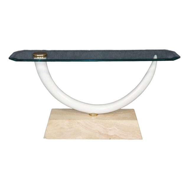 Maison Jansen Attributed Travertine Brass & Glass Tusk Style Console Table For Sale