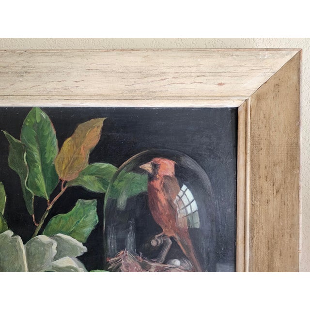 Mid 20th Century Mid 20th Century Virginia Woolley Original Oil Painting Cardinal Under Glass With Magnolia Framed For Sale - Image 5 of 12