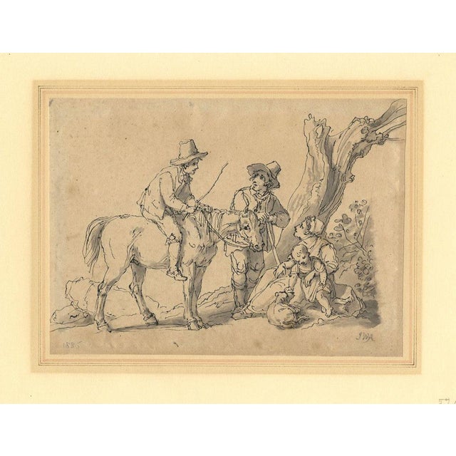 An original 1836 pen & ink drawing, John White Abbott, Peasant Family & Rider Resting by a Tree.A beautiful signed ink and...