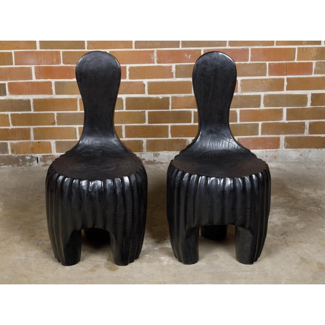 Mid 20th Century Mid 20th Century Sculptural Pair of Midcentury African Wood Spoon Back Black Chairs For Sale - Image 5 of 12