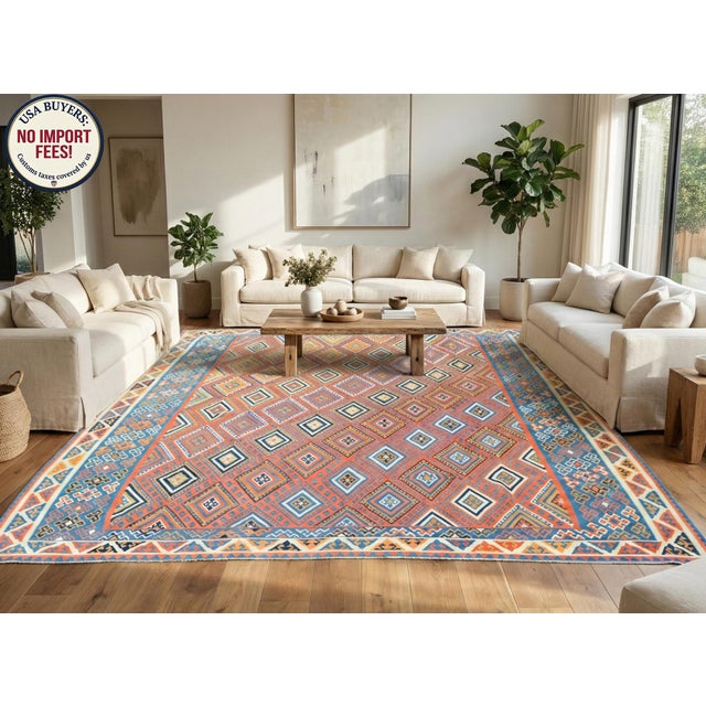 Contemporary Massive Square Kilim Rug 14x15 Ft, Antique Style Turkish Flatweave, Terracotta & Denim Blue Tribal Rug, Organic Wool Rustic Farmhouse Decor For Sale - Image 3 of 16