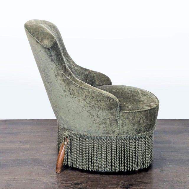 Vintage Green Velvet Lounge Chair With Button-Tufted Back and Fringe Skirt For Sale - Image 4 of 7