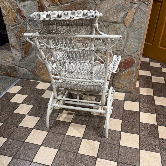 Victorian Early 20th Century Heywood Wakefield Attributed White Wicker Platform Rocking Chair For Sale - Image 3 of 12