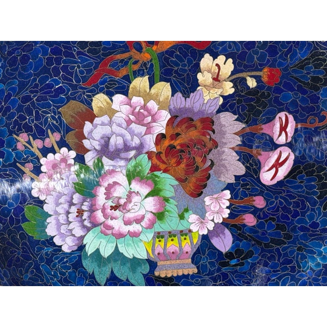 Antique 20" Inlay Chinese Enameled Cloisonne Charger With Floral Bouquet For Sale - Image 6 of 7