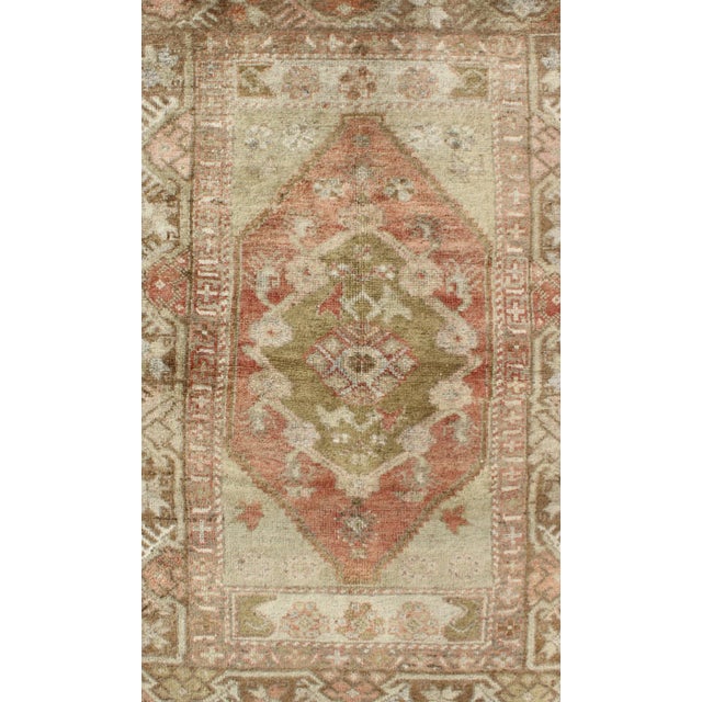 Tribal Vintage Turkish Oushak Rug With Soft Sage, Coral, and Faded Ivory Tones 3′1″ × 4′10″ For Sale - Image 3 of 7