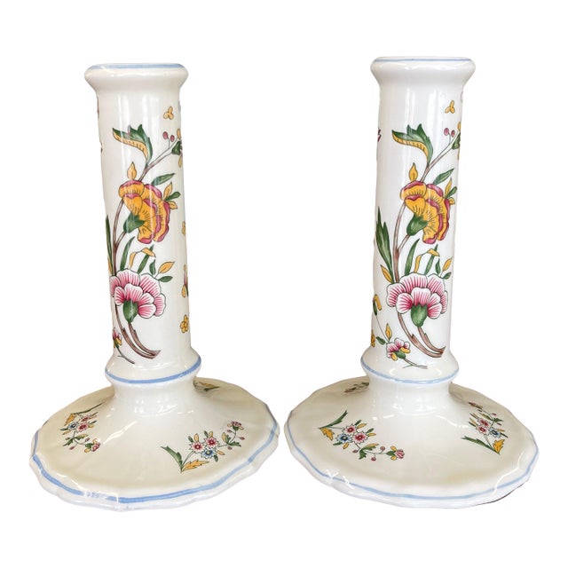 1970s Pair of Hand-Painted French Chinoiserie Style Gien France Ceramic Candlesticks - Floral Motif, Stamped For Sale