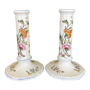 1970s Pair of Hand-Painted French Chinoiserie Style Gien France Ceramic Candlesticks - Floral Motif, Stamped