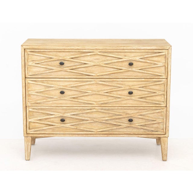 Contemporary Cerused Wood Chest of Drawers, three slide drawers, diamond motif to front. 31.75" H x 39.25" W x 15.75" D....