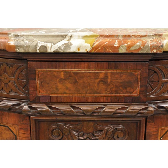 Antique French Louis XV Baroque Burl Walnut Marble Top Commode 5 Drawer Dresser For Sale - Image 10 of 16
