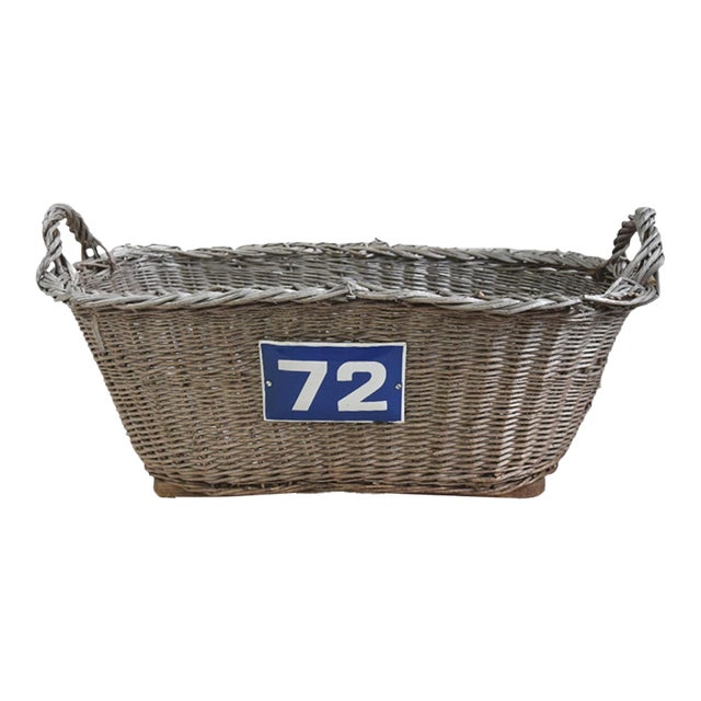 Rustic Primitive Farmhouse French Wicker Market Basket With Number Plate For Sale