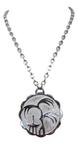Vintage Signed Crown Trifari Rhodium Plated Asian Scene Pendant Necklace, 1972
