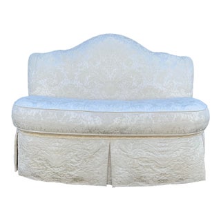 Century Furniture Down Filled Damask Silk Upholstered Tufted Loveseat With Pleated Skirt For Sale