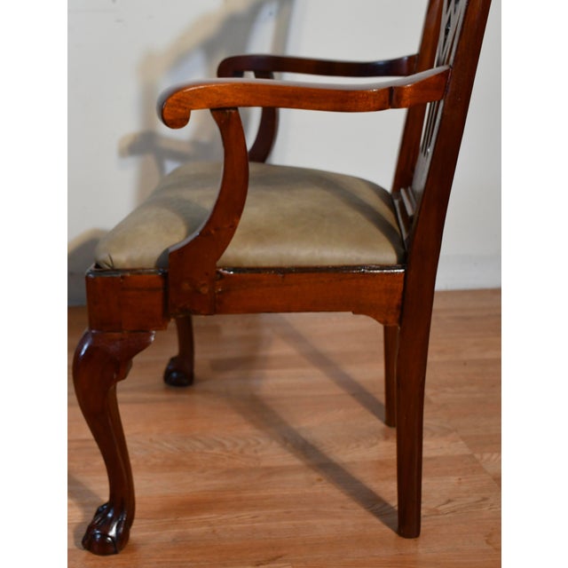 Wood 1920 Antique English Chippendale Solid Mahogany Set of Six Dining Chairs Leather Seats For Sale - Image 7 of 17