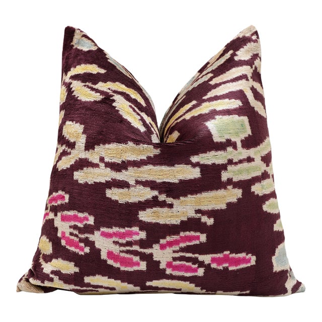 Luxury Handwoven Silk Velvet Ikat Pillow 20x20 Inch – Burgundy & Soft Pastel For Sale