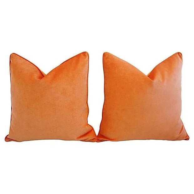 Custom Tailored Tangerine Orange Velvet Feather/Down Pillows 24" Square - Pair For Sale - Image 4 of 5